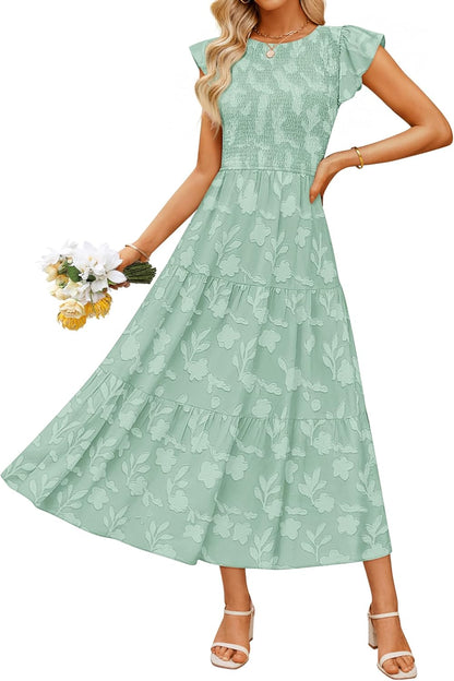 Women'S Summer Boho Floral Midi Dress 2026 Casual Flutter Short Sleeve Crewneck Smocked Flowy Beach Long Dresses