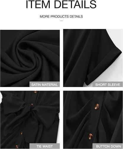 Shirt Dresses for Women Button down Short Sleeve Satin Ruched Maxi Spring Dress 2026 Cocktail Party Wedding Guest