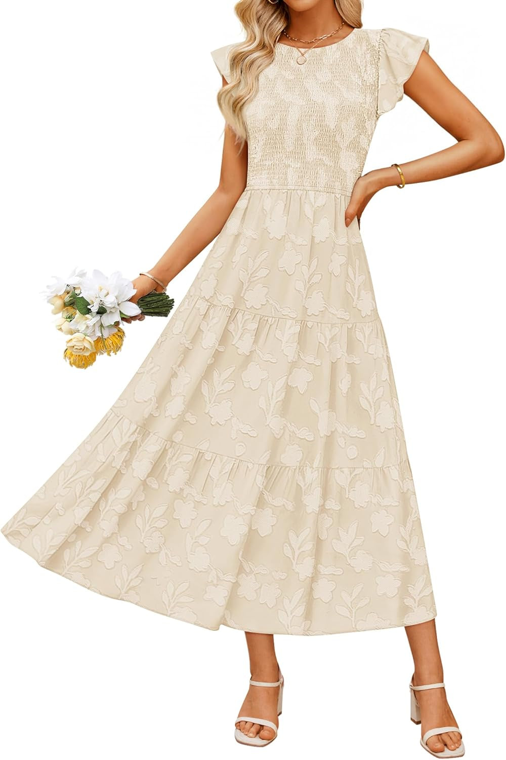 Women'S Summer Boho Floral Midi Dress 2026 Casual Flutter Short Sleeve Crewneck Smocked Flowy Beach Long Dresses