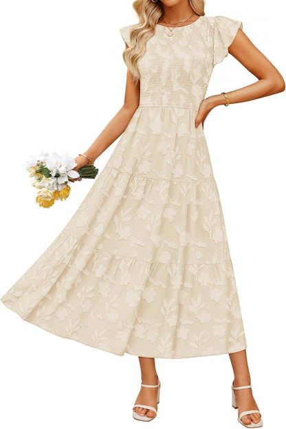 Women'S Summer Boho Floral Midi Dress 2026 Casual Flutter Short Sleeve Crewneck Smocked Flowy Beach Long Dresses
