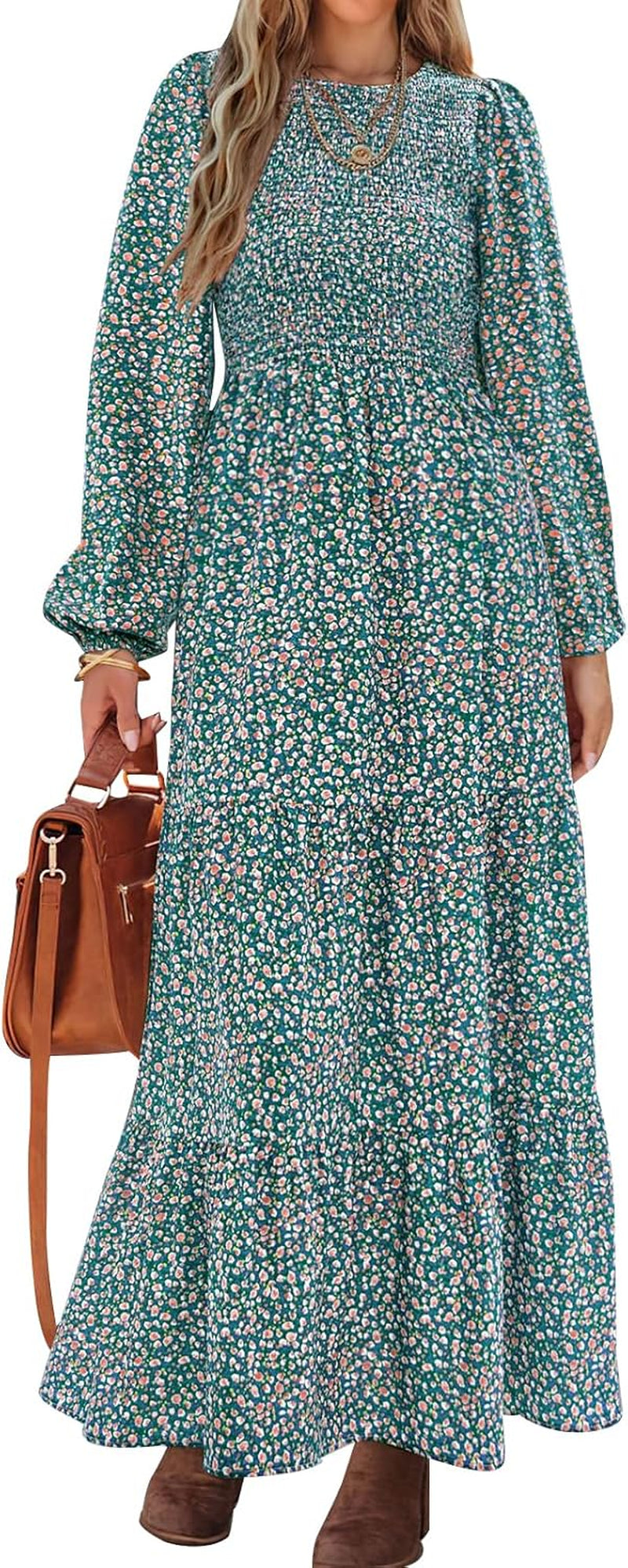 Women'S Spring Dresses 2026 Long Sleeve Flowy Casual Floral Maxi Dress Crew Neck Smocked Tiered Long Dress