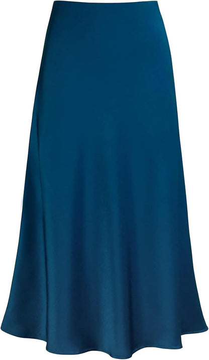 Women'S Satin High Waist Hidden Elasticized Waistband Flared Casual a Line Midi Skirt