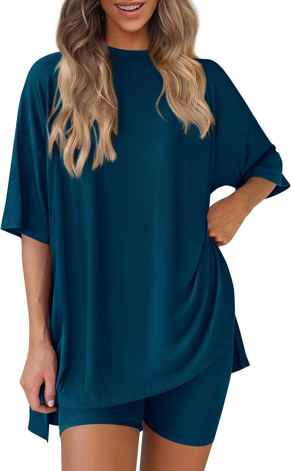 Women 2 Piece Lounge Set 2026 Summer Casual Oversized Shirts Biker Shorts Matching Airport Travel Outfit Clothes