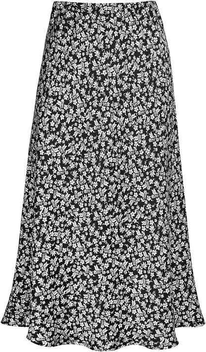 Women'S Satin High Waist Hidden Elasticized Waistband Flared Casual a Line Midi Skirt