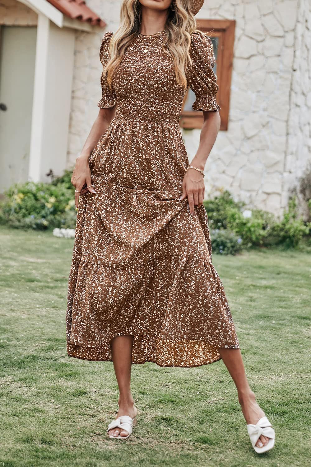 Women Casual Summer Dresses 2026 Spring Crew Neck Ruffle Short Sleeve Smocked Floral Boho Flowy Maxi Dress Clothes