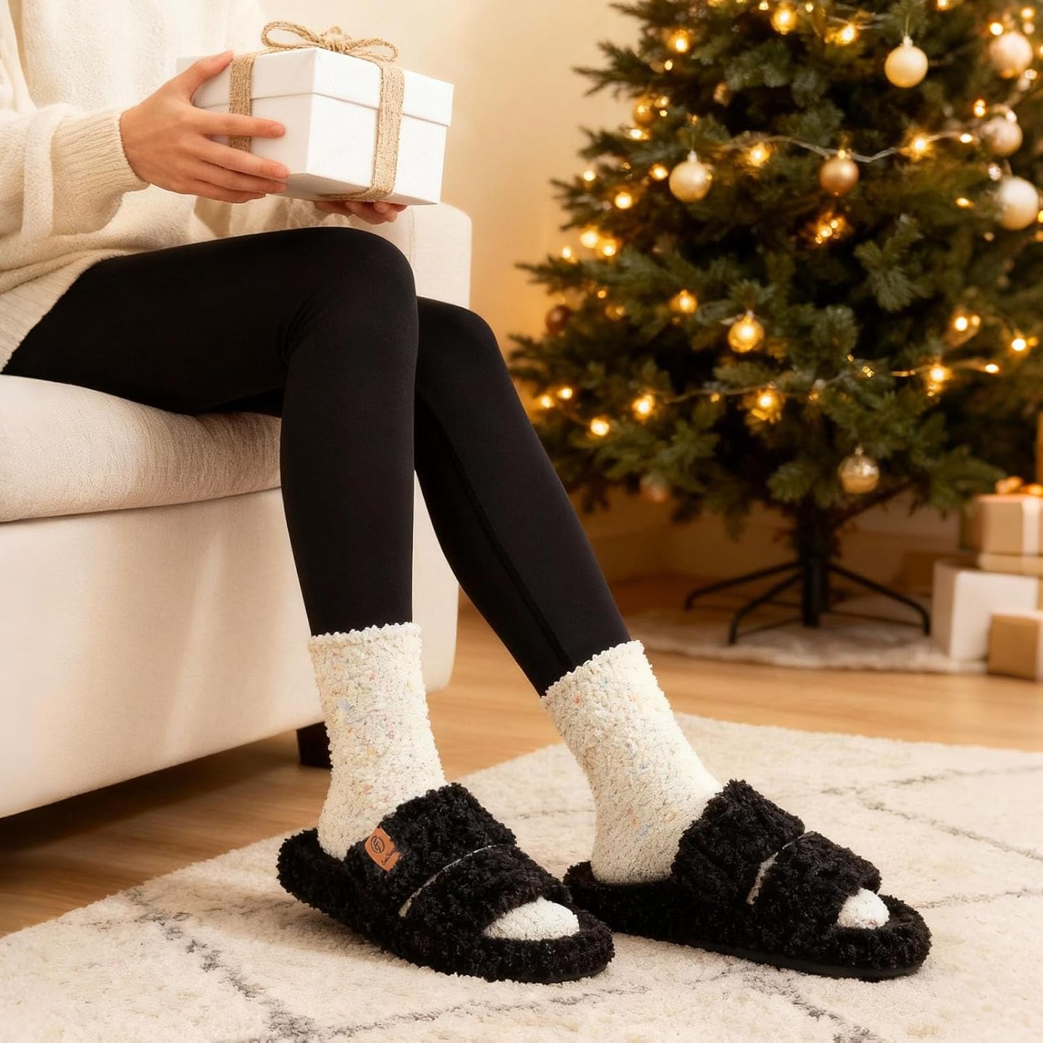 Womens Fuzzy Open-Toe Slippers Soft Comfy Memory Foam Indoor House Shoes