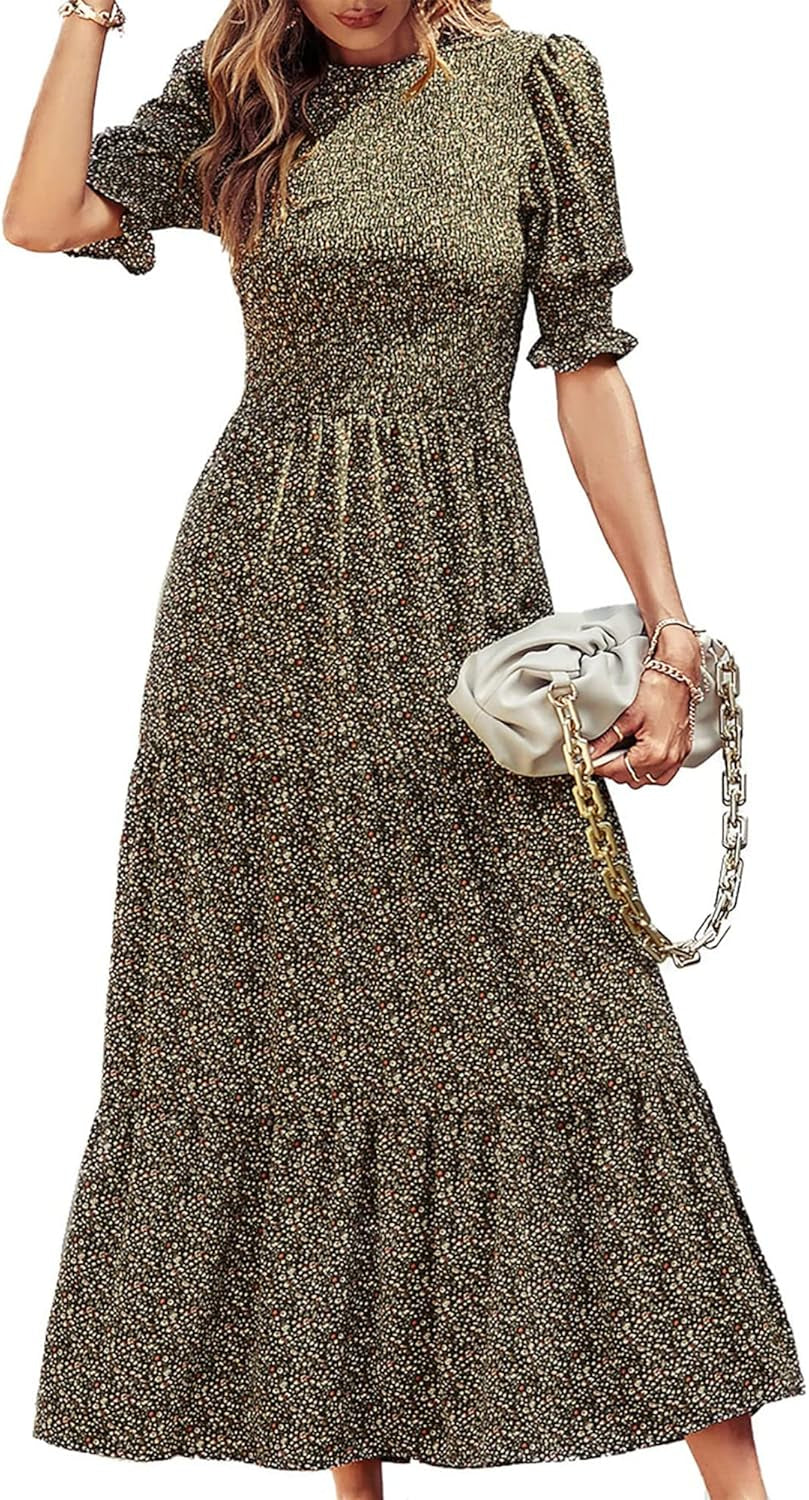 Women Casual Summer Dresses 2026 Spring Crew Neck Ruffle Short Sleeve Smocked Floral Boho Flowy Maxi Dress Clothes