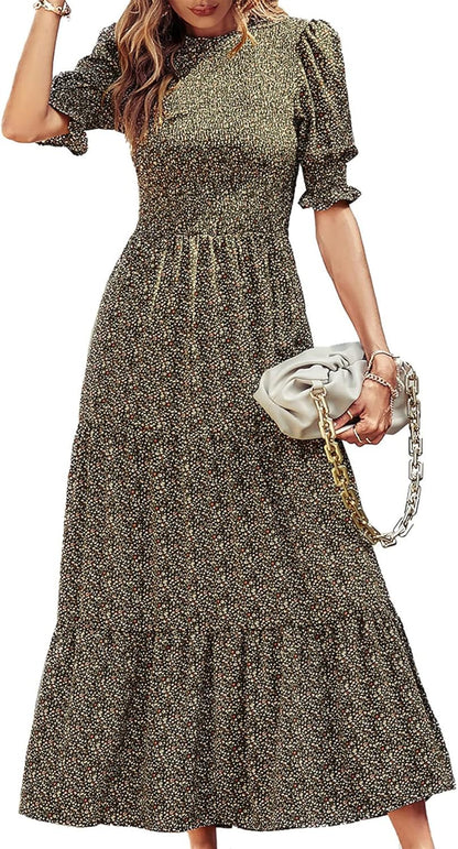 Women Casual Summer Dresses 2026 Spring Crew Neck Ruffle Short Sleeve Smocked Floral Boho Flowy Maxi Dress Clothes