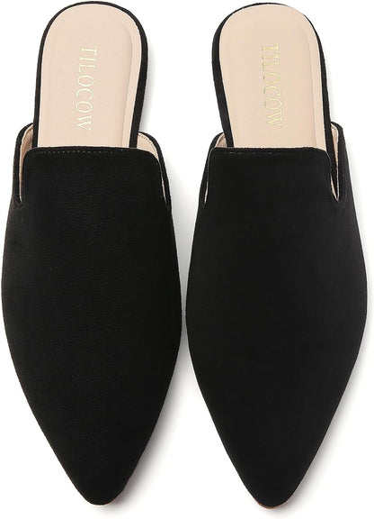 Mules for Woman Comfortable Pointed Toe Backless Loafers Flat Mule Business Casual Shoes Slides Slip On