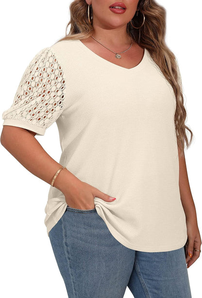 plus Size Tops for Women Summer Blouse Waffle Knit Short Lace Sleeve Shirts