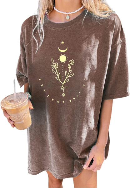 Women'S Casual Oversized T Shirt Short Sleeve Graphic Tee Letter Sun Moon Shirts