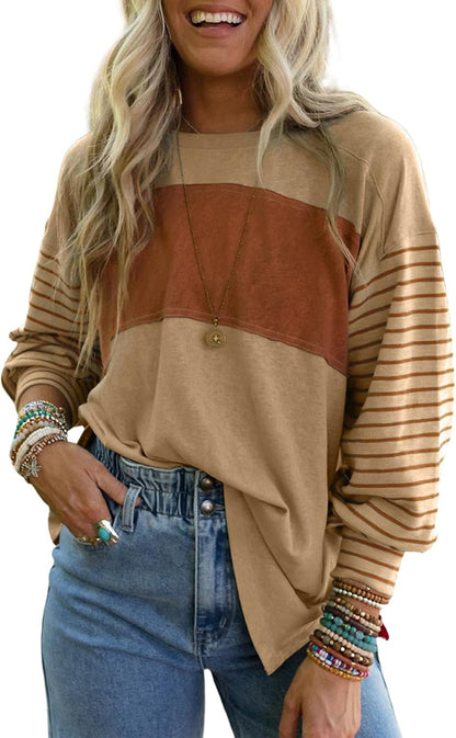 Long Sleeve Tops Oversized 2025 Trendy round Crew Neck Casual Color Block Womens Shirts Blouses