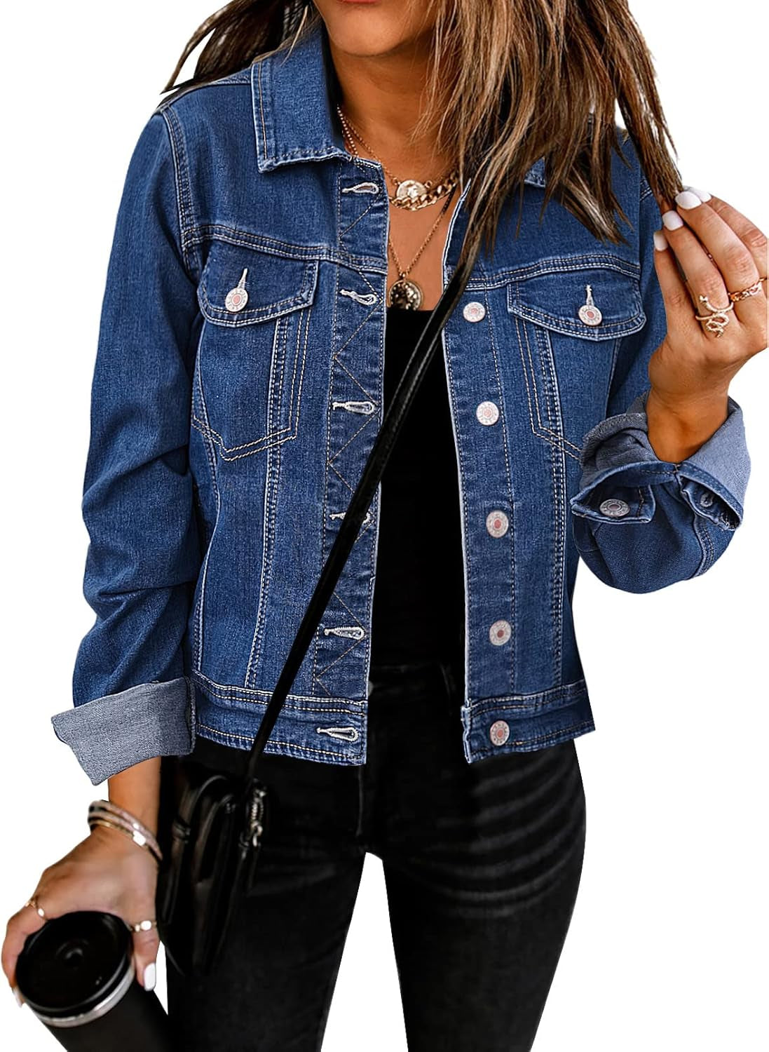 Women'S Basic Button down Long Sleeve Stretchy Jean Trucker Denim Jacket