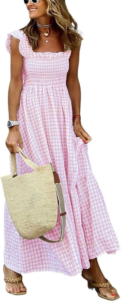 Women'S Retro Plaid Smocked Dress Spaghetti Strap Flounce Long Dress