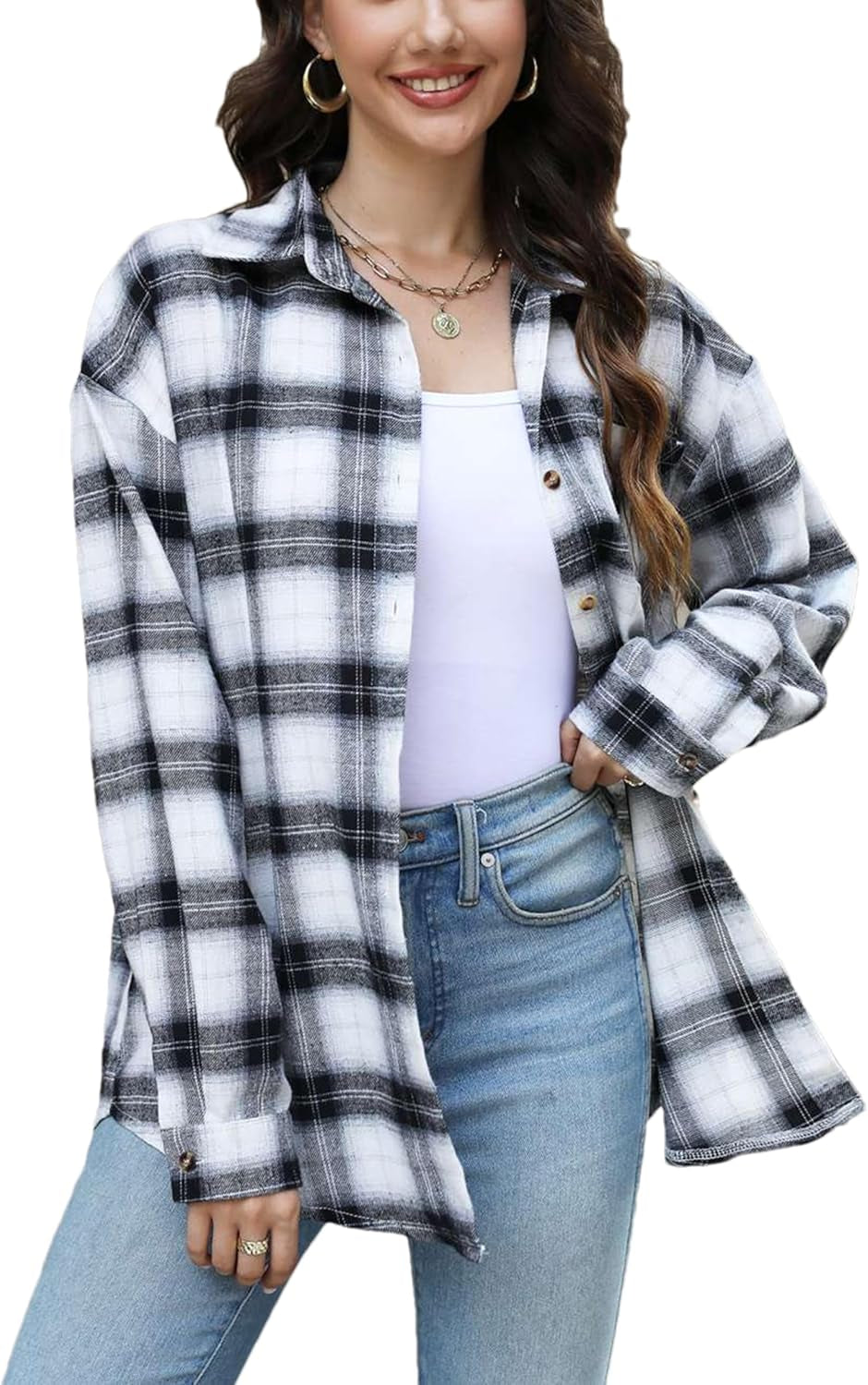 Oversized Flannel Shirt Women Long Sleeve Plaid Button Buffalo Shirt Blouse Tops with One Pocket