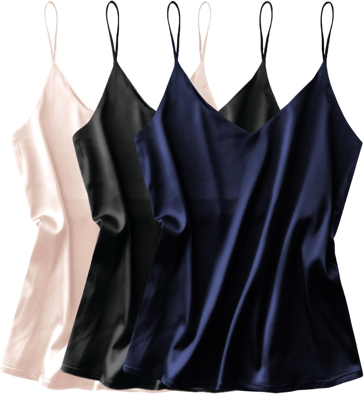 3 Pack: Womens Silk Satin Tank Top V Neck Camisole Cami Spaghetti Strap Top Loose Sleeveless Blouses Tank Shirt