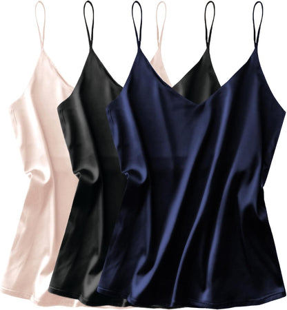 3 Pack: Womens Silk Satin Tank Top V Neck Camisole Cami Spaghetti Strap Top Loose Sleeveless Blouses Tank Shirt