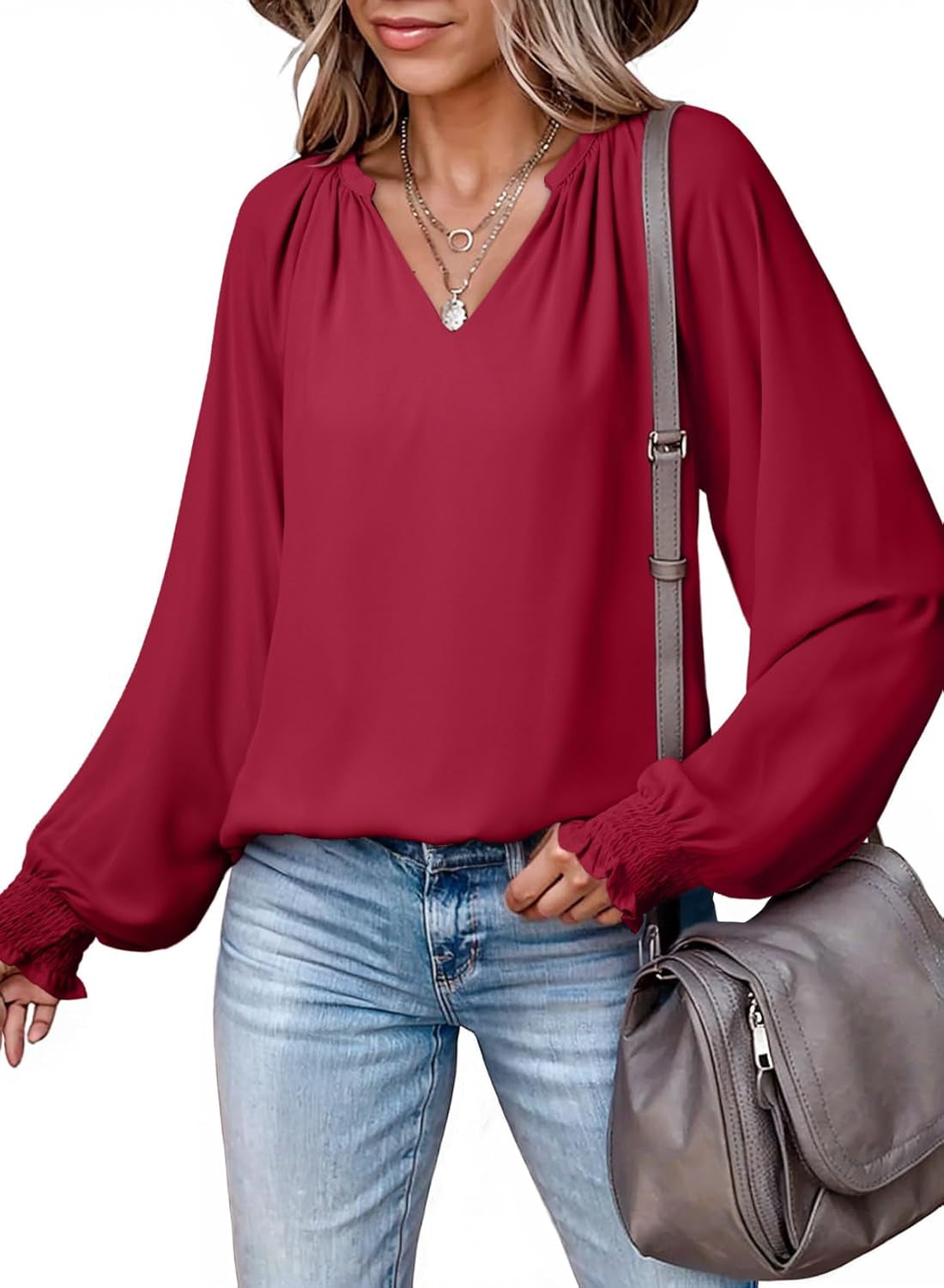 Womens Blouses Dressy Casual Flowy Boho Tops V Neck Long Sleeve Shirts