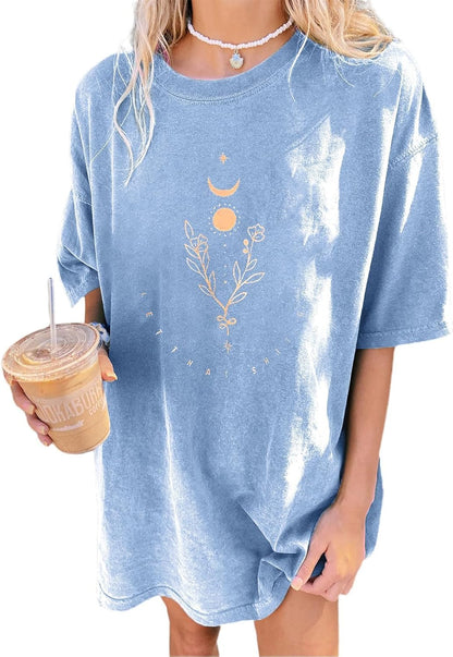 Women'S Casual Oversized T Shirt Short Sleeve Graphic Tee Letter Sun Moon Shirts