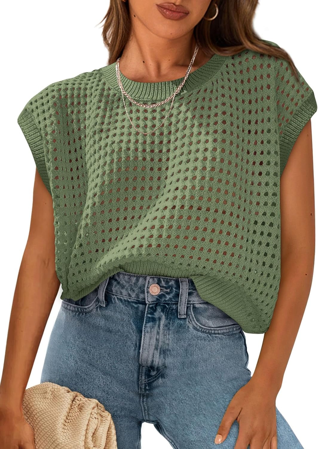 Womens Spring Tops 2026 Summer Shirts Crochet Cap Sleeve Sweater Pullover Cute Beach Vacation Clothes