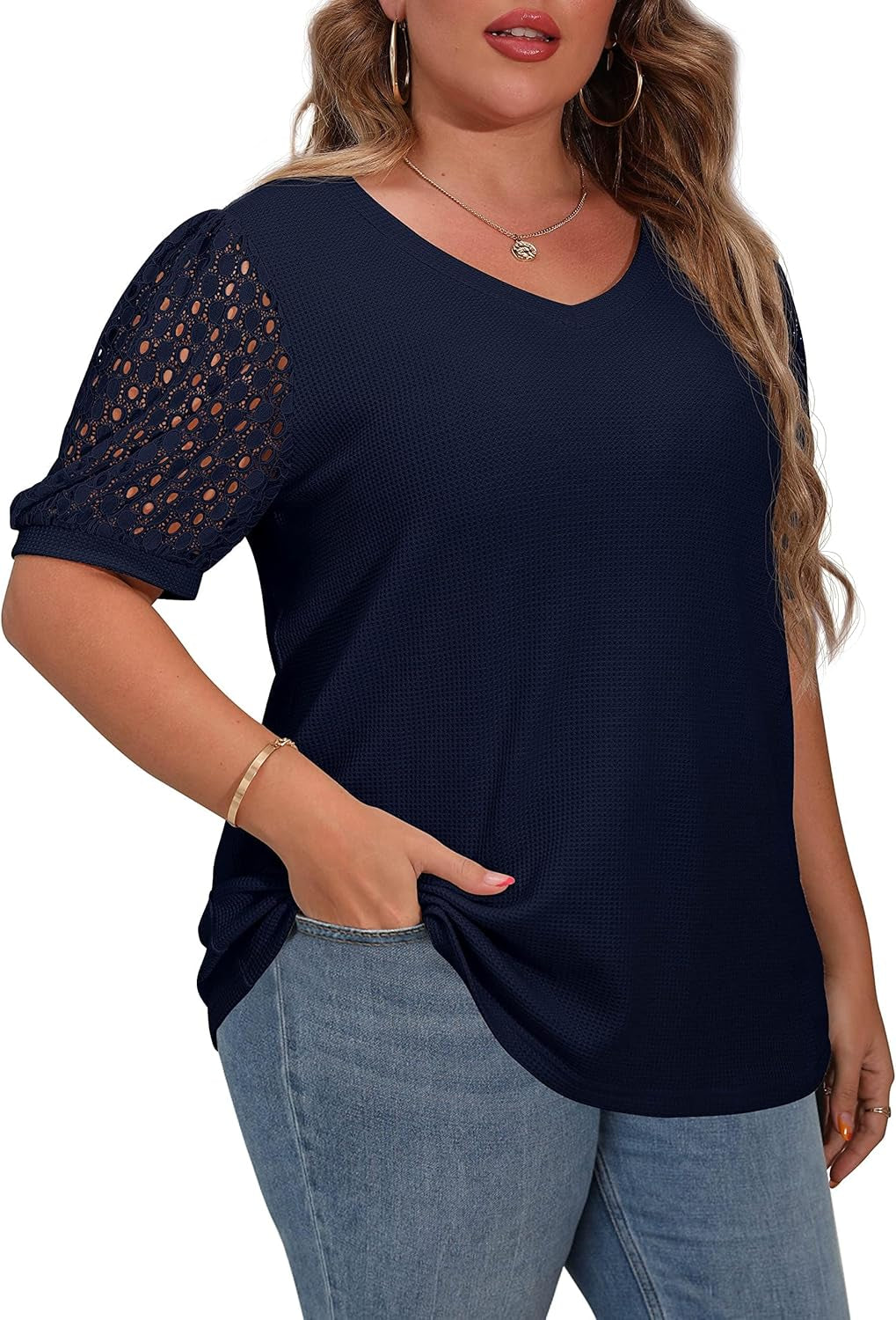plus Size Tops for Women Summer Blouse Waffle Knit Short Lace Sleeve Shirts