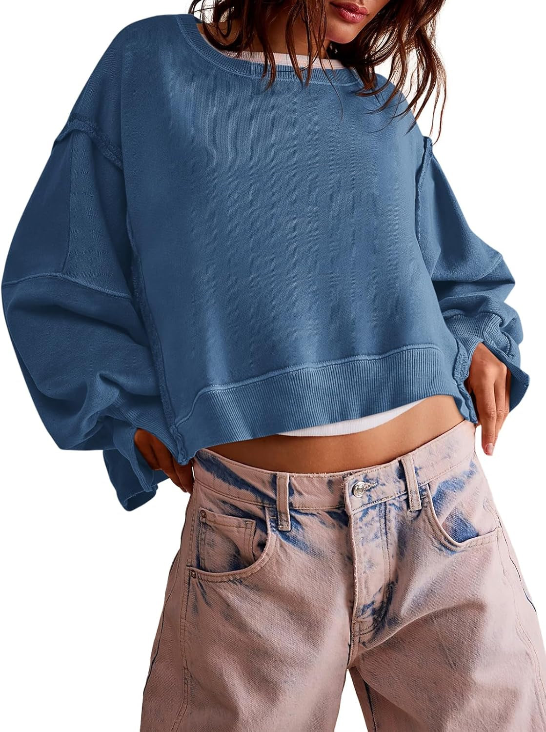 Womens Casual Sweatshirt Long Sleeve Tops Crewneck Loose Fit Tee Pullover Crop Tshirt Side Slit Fall Fashion 2024