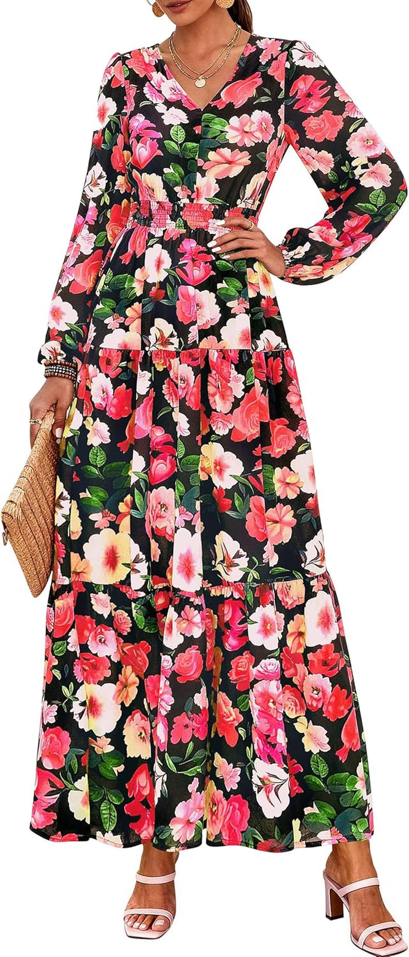Long Sleeve Maxi Fall Dresses for Women 2026 Vneck Smocked Boho Floral Tiered Swing Flowy Wedding Guest Dress