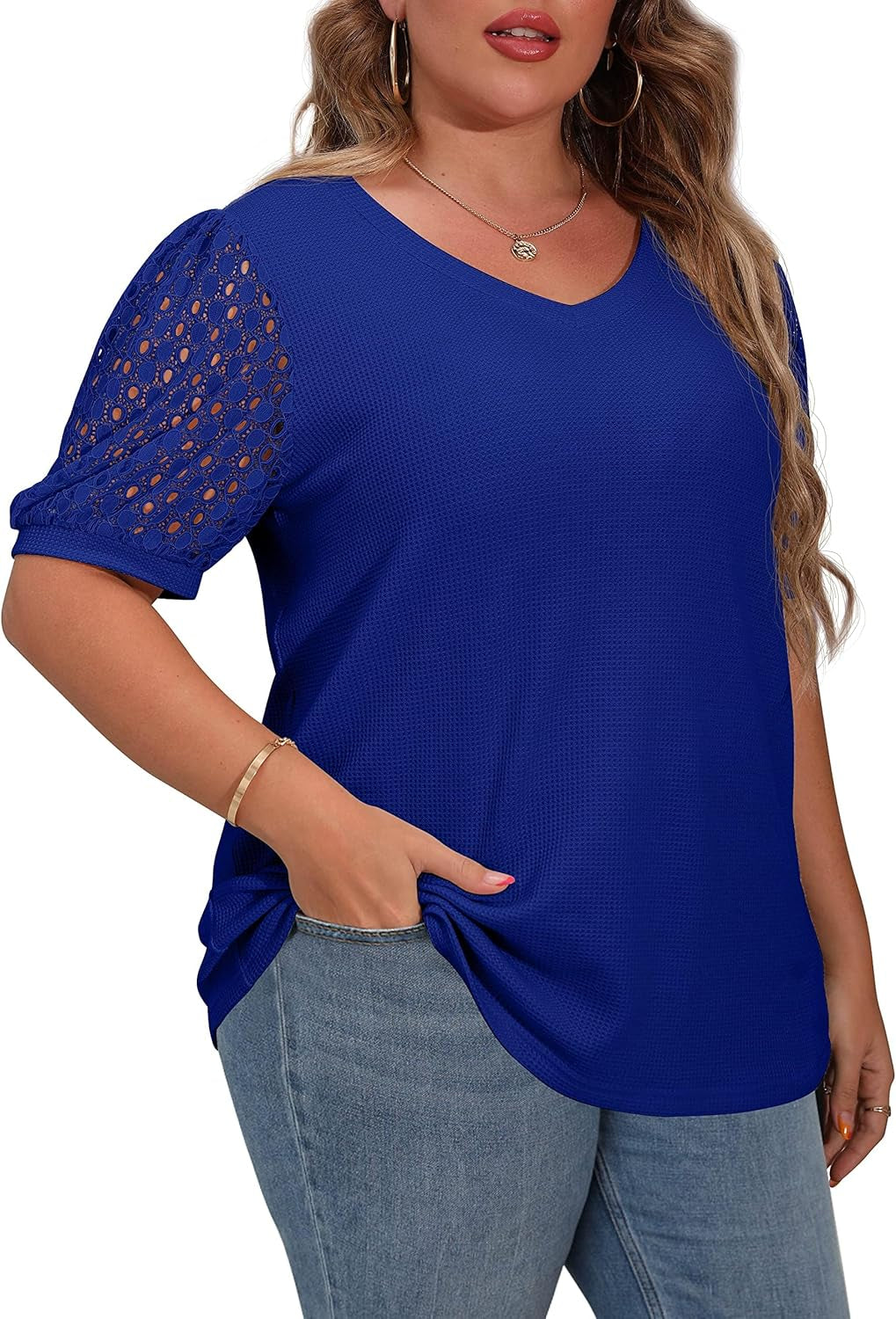 plus Size Tops for Women Summer Blouse Waffle Knit Short Lace Sleeve Shirts