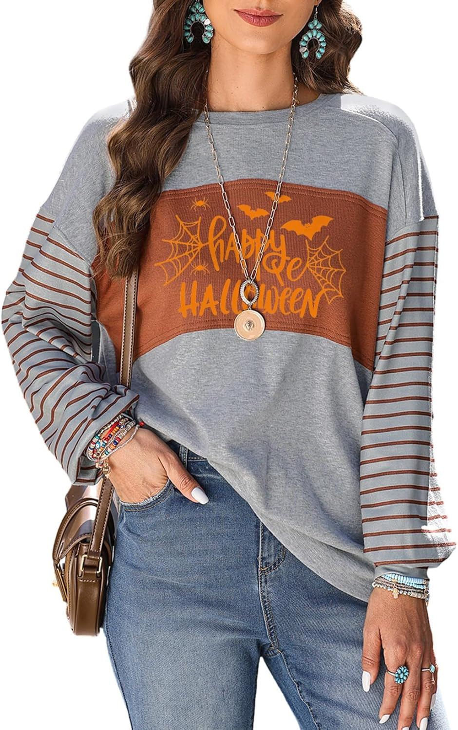 Long Sleeve Tops Oversized 2025 Trendy round Crew Neck Casual Color Block Womens Shirts Blouses