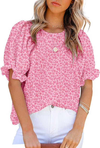 Floral Print Blouses for Women Crewneck Smocked Puff Sleeve Shirts Casual Babydoll Tops