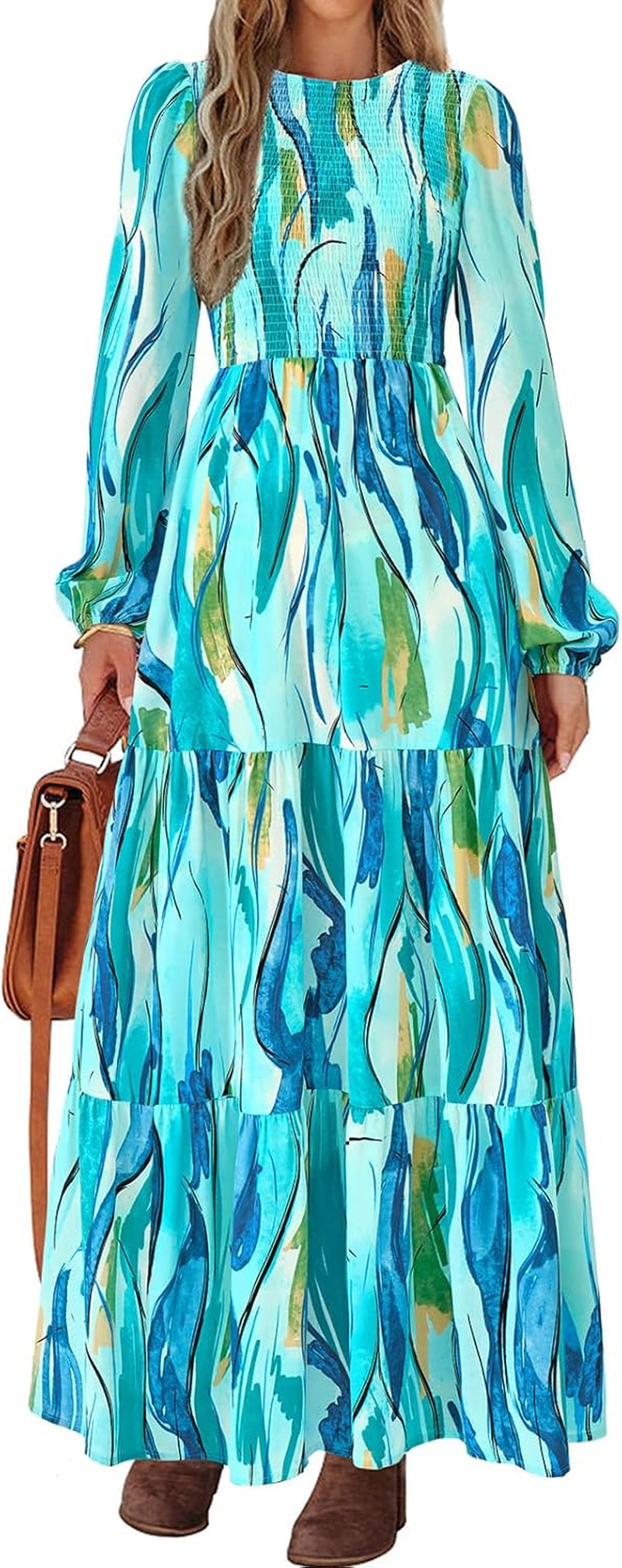 Women'S Spring Dresses 2026 Long Sleeve Flowy Casual Floral Maxi Dress Crew Neck Smocked Tiered Long Dress