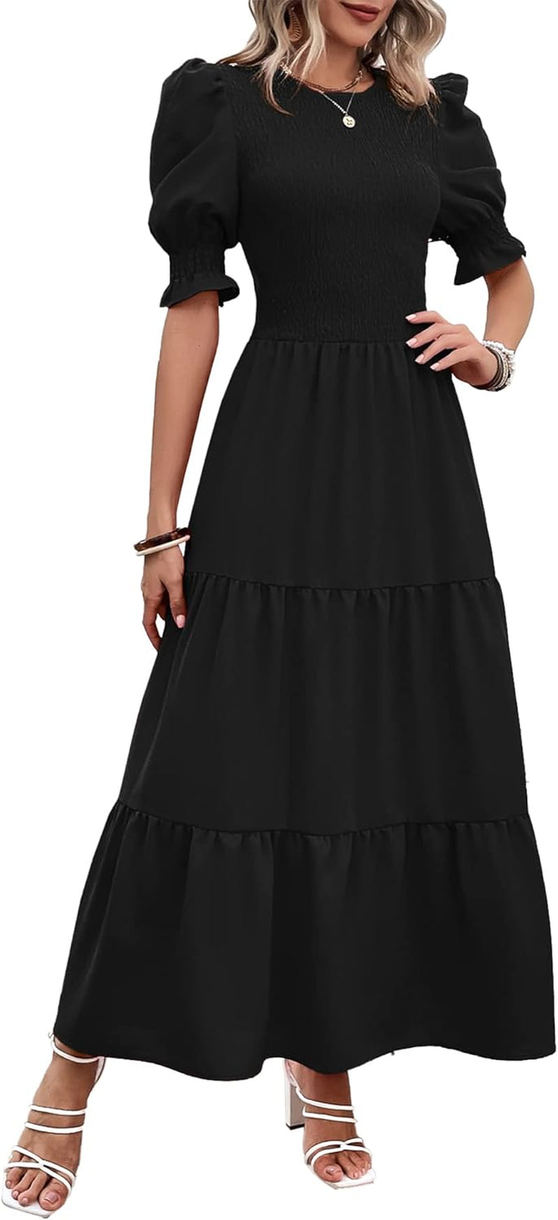 Women Casual Summer Dresses 2026 Spring Crew Neck Ruffle Short Sleeve Smocked Floral Boho Flowy Maxi Dress Clothes