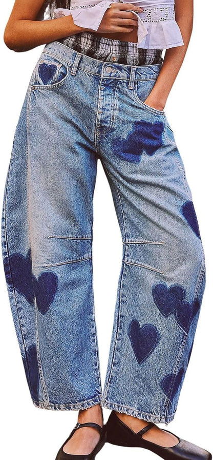 Y2K Barrel Jeans Women Wide Leg Baggy Distressed Printed Boyfriend Horseshoe Denim Pants