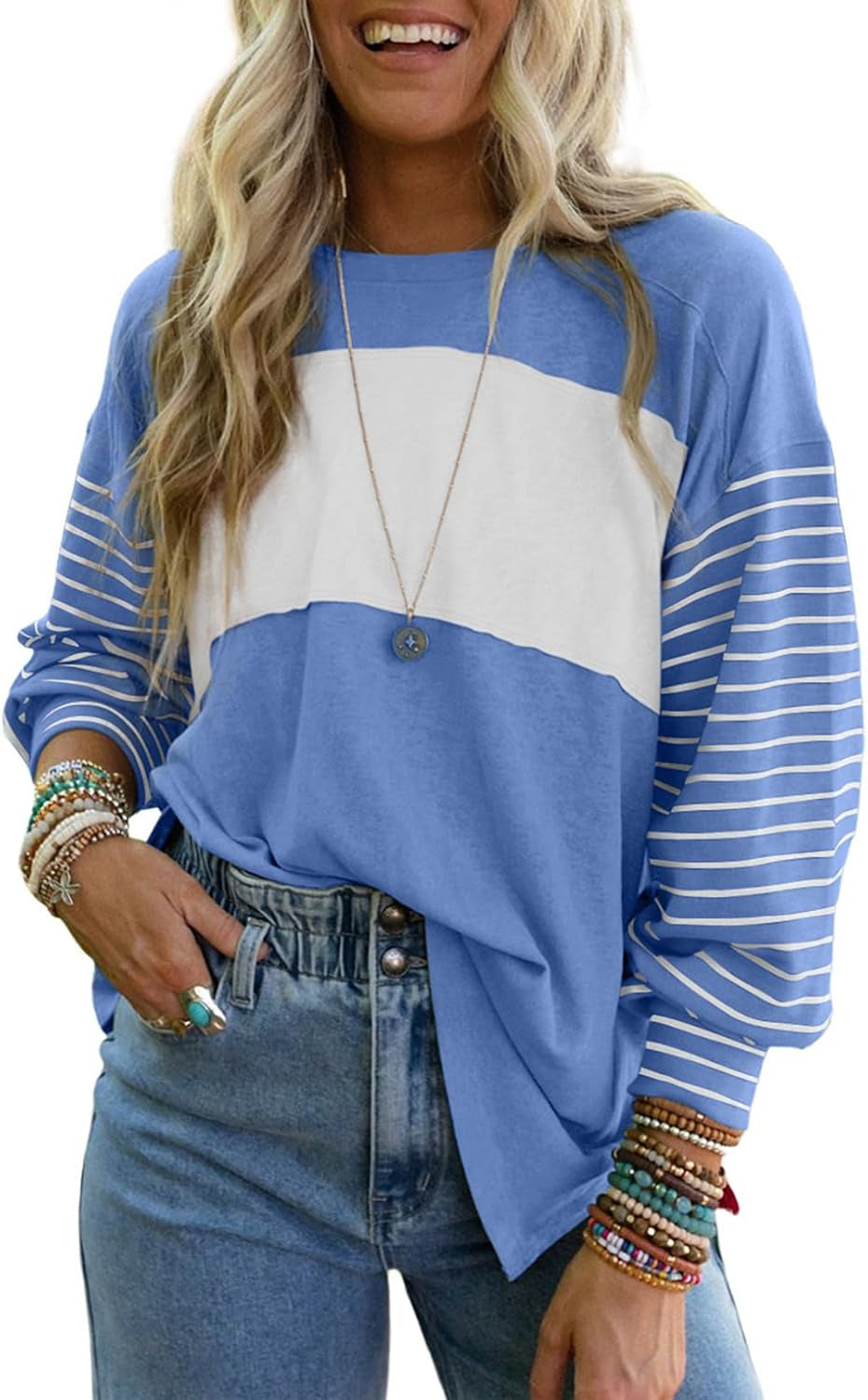 Long Sleeve Tops Oversized 2025 Trendy round Crew Neck Casual Color Block Womens Shirts Blouses