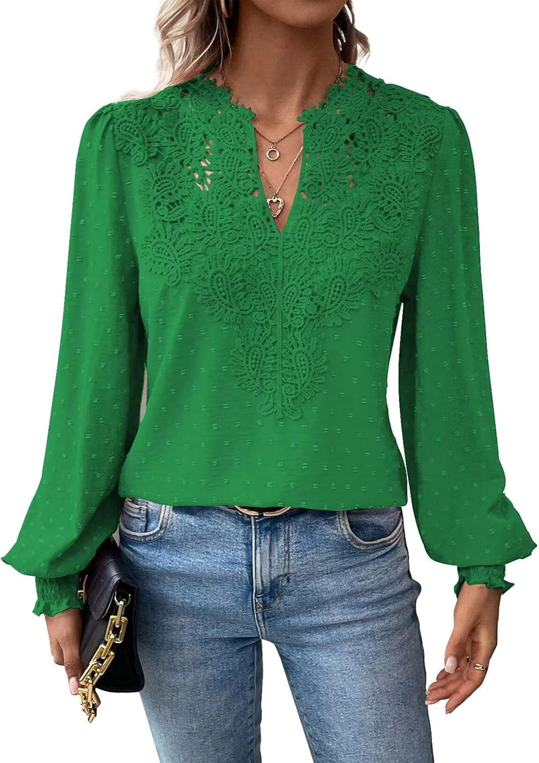 Womens Tops Swiss Dot Boho Long Sleeve Shirts V Neck Casual Chiffon Blouses Flowy Lace Hem Cute Clothing Trendy 2025