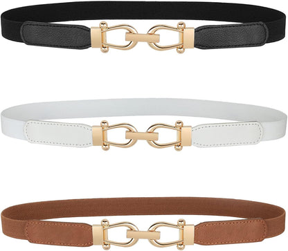 Women Skinny Elastic Belt for Dresses,Thin Retro Stretch Waist Belt with Golden Buckle