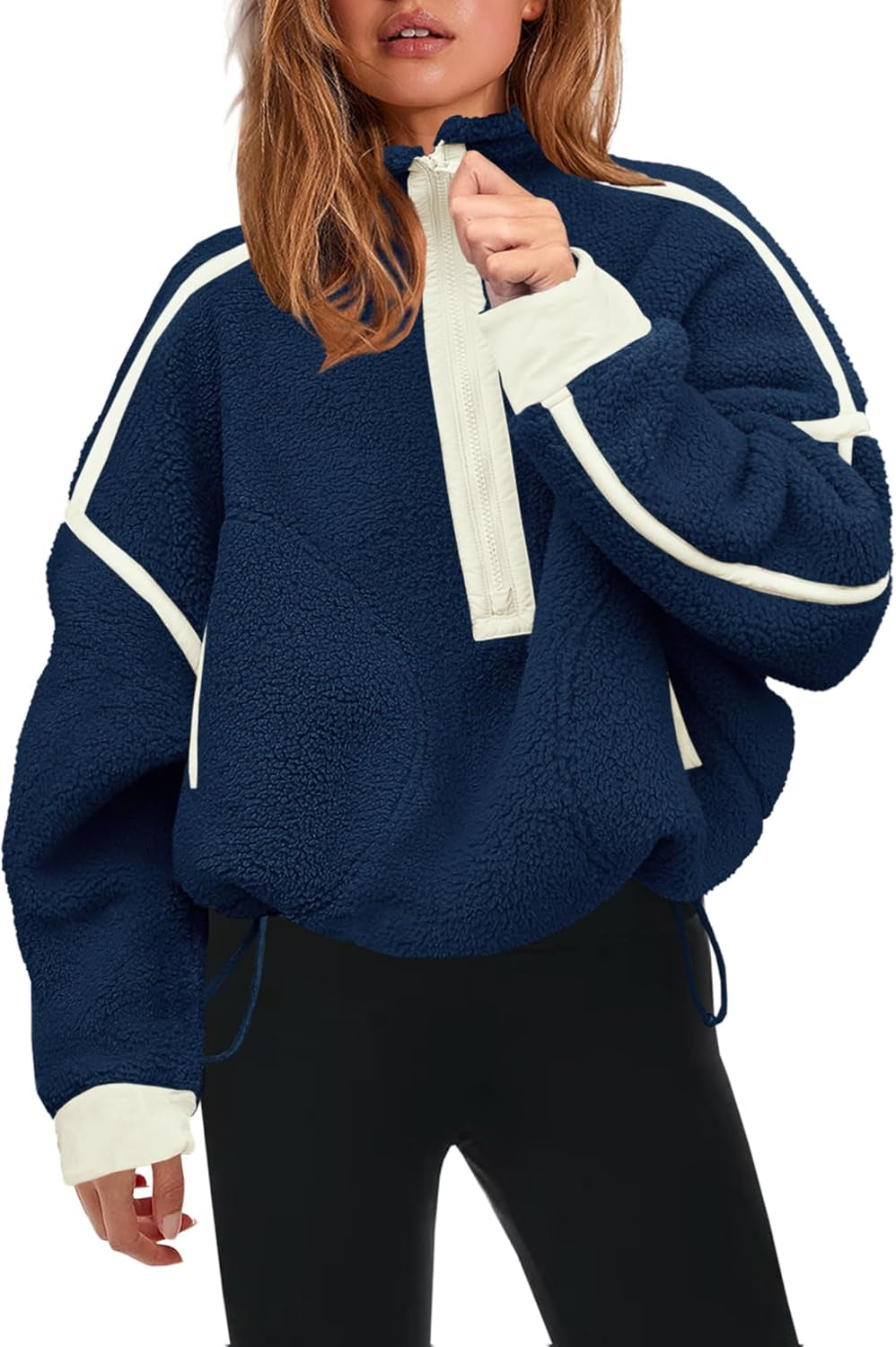 Womens Half Zip Sherpa Fleece Pullover Soft Oversized Sweatshirt with Pockets Warm Fuzzy Sweater