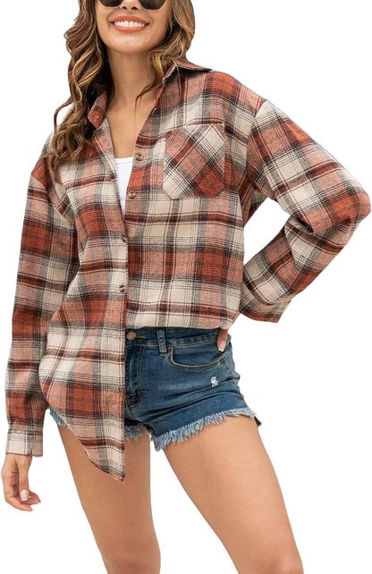 Oversized Flannel Shirt Women Long Sleeve Plaid Button Buffalo Shirt Blouse Tops with One Pocket