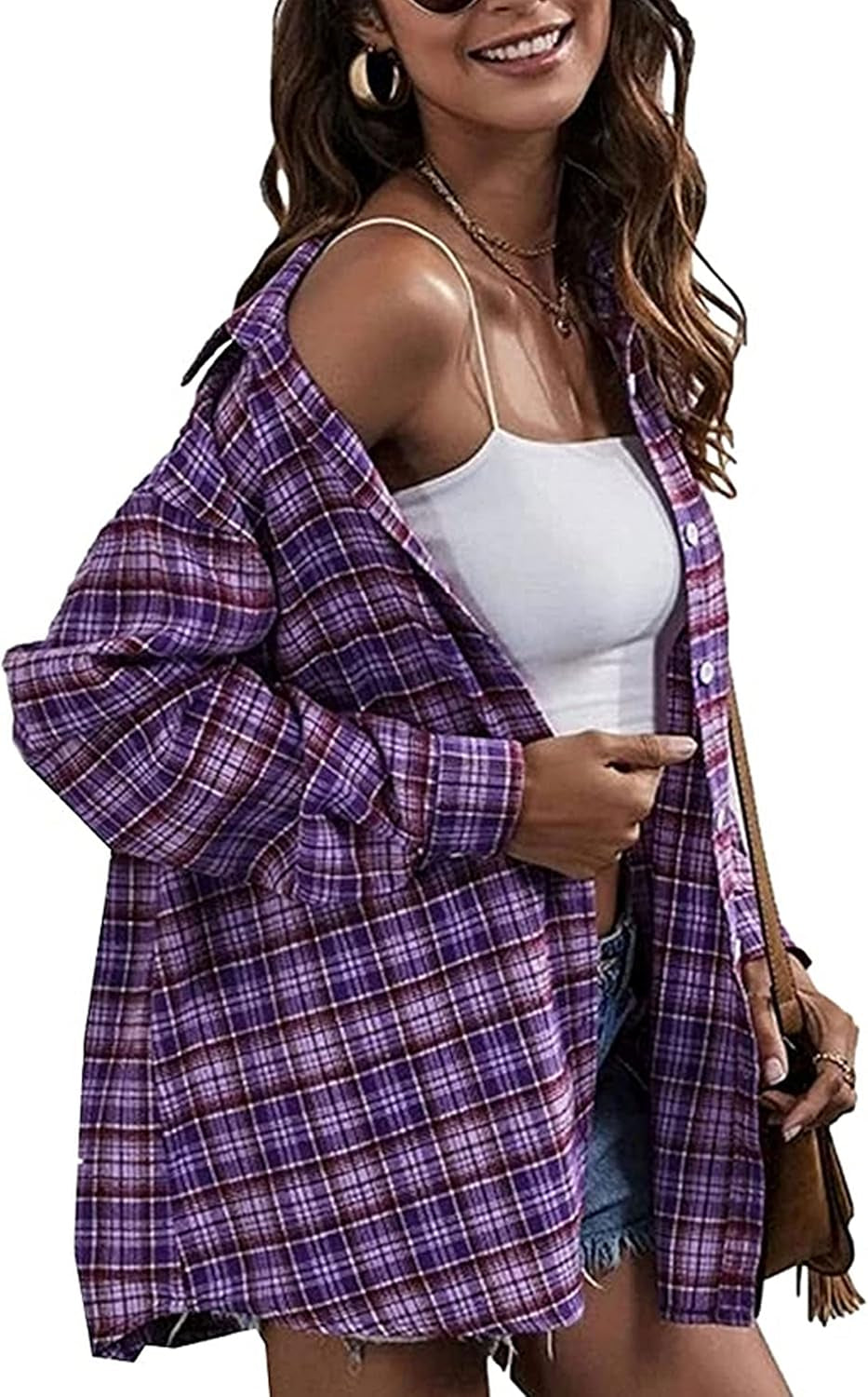 Oversized Flannel Shirt Women Long Sleeve Plaid Button Buffalo Shirt Blouse Tops with One Pocket