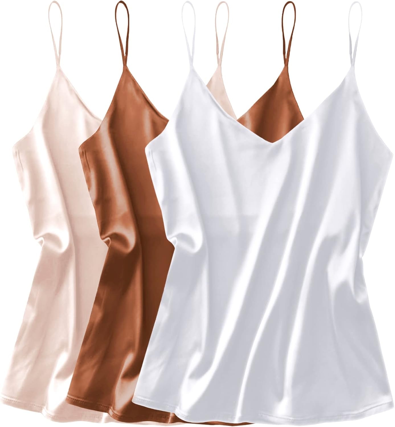 3 Pack: Womens Silk Satin Tank Top V Neck Camisole Cami Spaghetti Strap Top Loose Sleeveless Blouses Tank Shirt