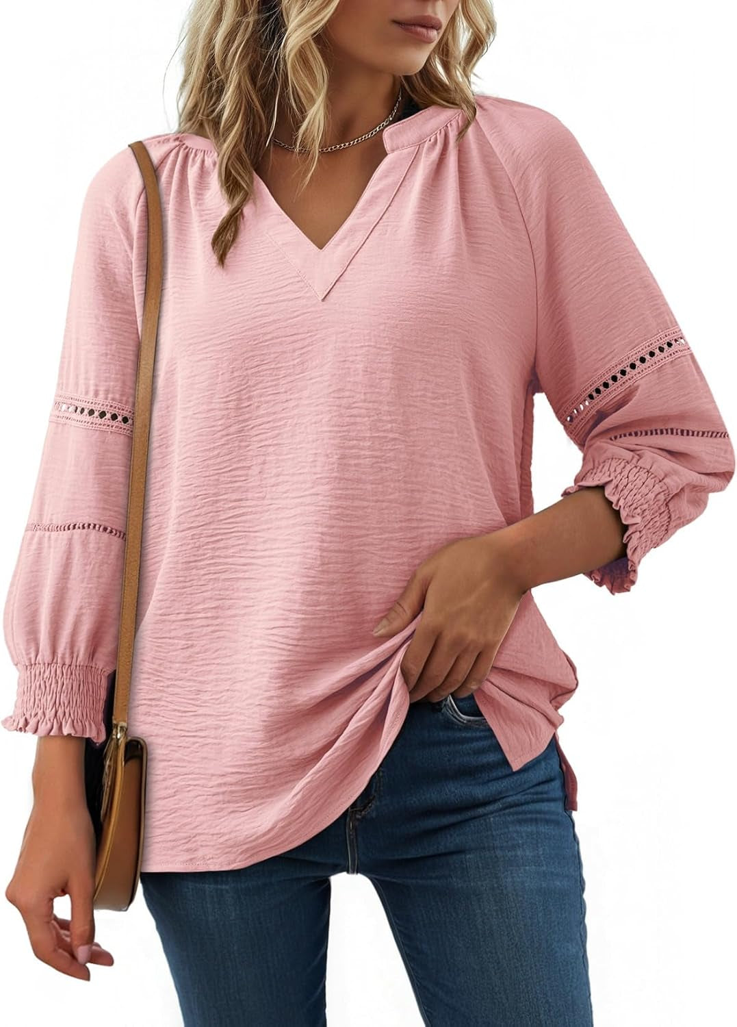 Womens 3/4 Sleeve Tops Pleated Business Casual Outifits V Neck Blouses Office Loose Shirts