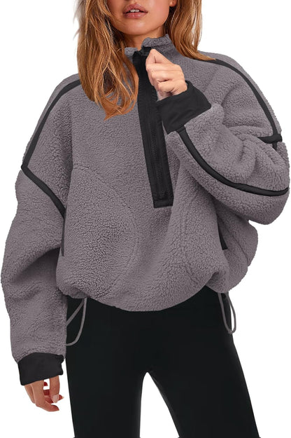 Womens Half Zip Sherpa Fleece Pullover Soft Oversized Sweatshirt with Pockets Warm Fuzzy Sweater