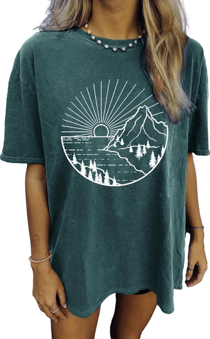 Oversized Tshirts for Women Wildflower Graphic Tees Hiking Crewneck Short Sleeve Clothes Casual Loose Hawaii Tops