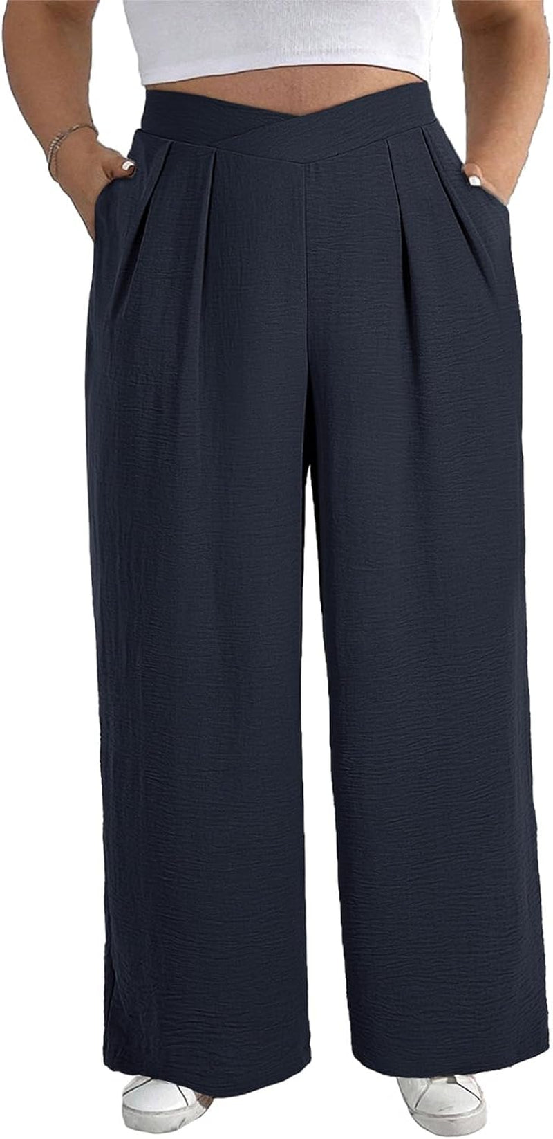 Womens plus Size Wide Leg Pants Crossover Waist Pleated Front Casual Work Pants Lounge Trouser with Pockets(1X-5X)