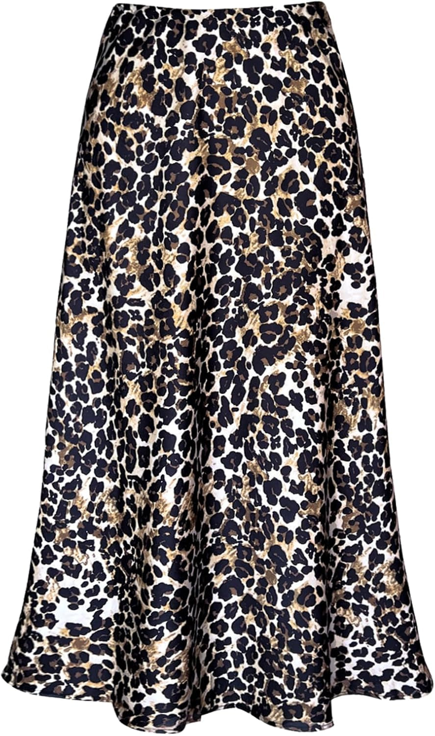 Women'S Satin High Waist Hidden Elasticized Waistband Flared Casual a Line Midi Skirt