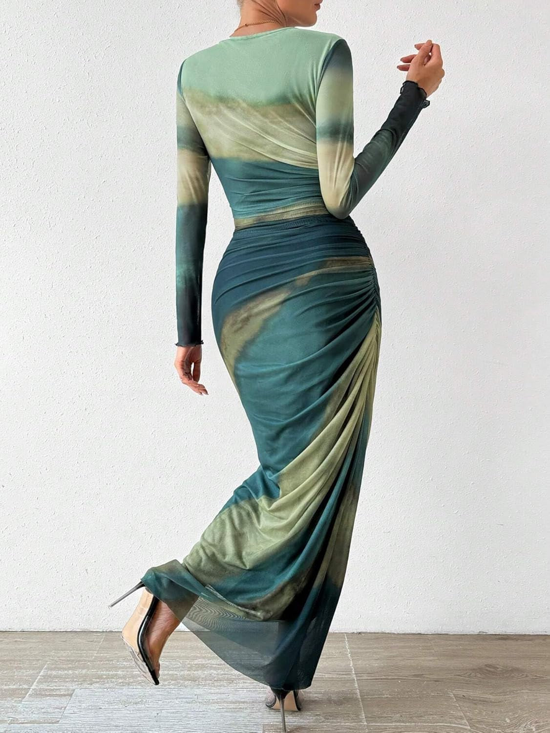 Women Long Sleeve Maxi Dress Bodycon Ruched Formal Slim Fit Tie Dye Dress Formal Mesh Dress