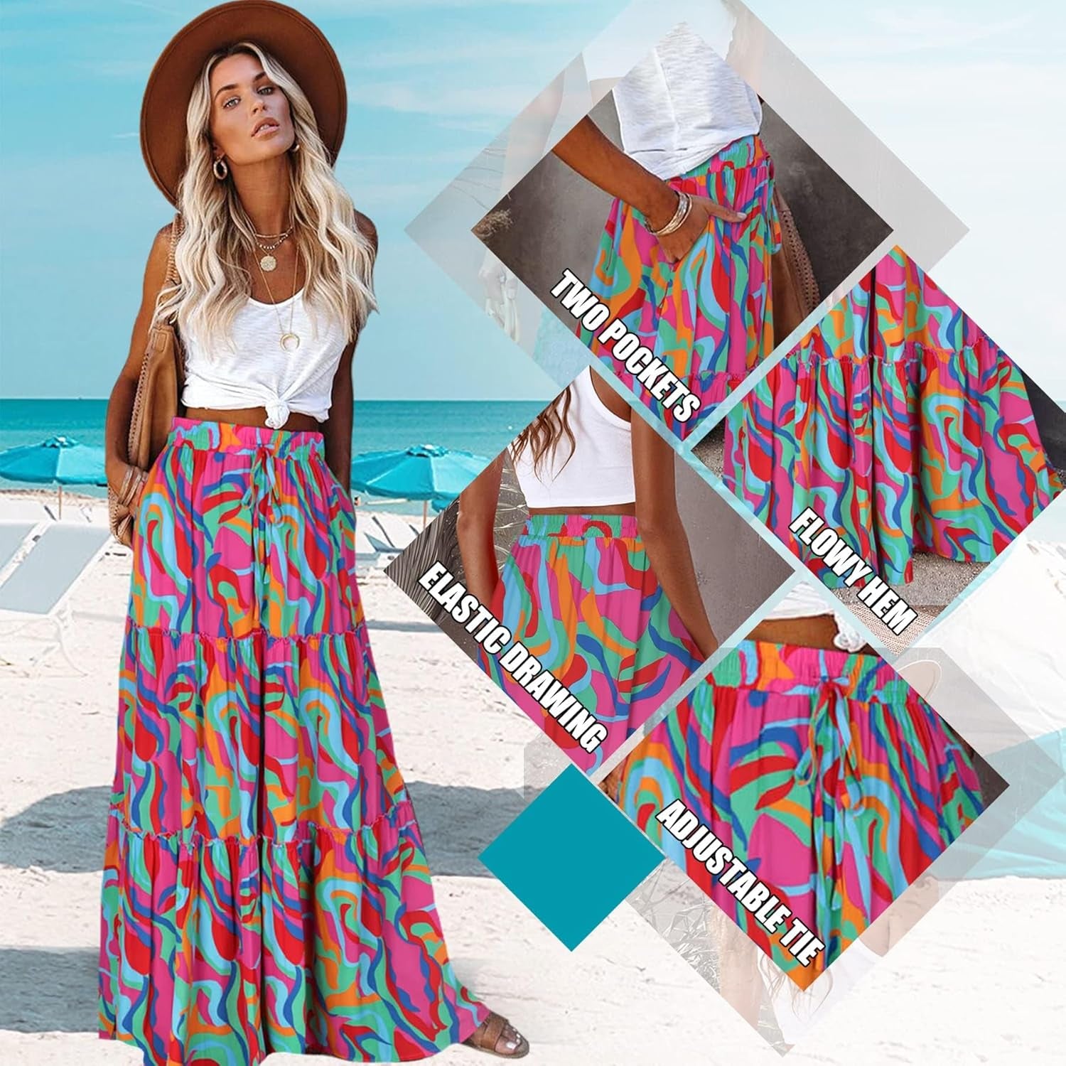 Womens Boho Maxi Skirt 2026 Summer Cruise Casual High Waist Tie Flowy Long Skirt with Pockets for Beach Vacation