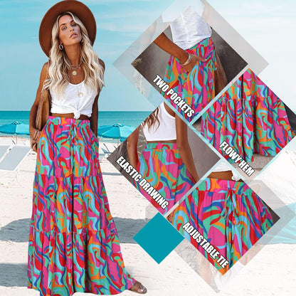 Womens Boho Maxi Skirt 2026 Summer Cruise Casual High Waist Tie Flowy Long Skirt with Pockets for Beach Vacation