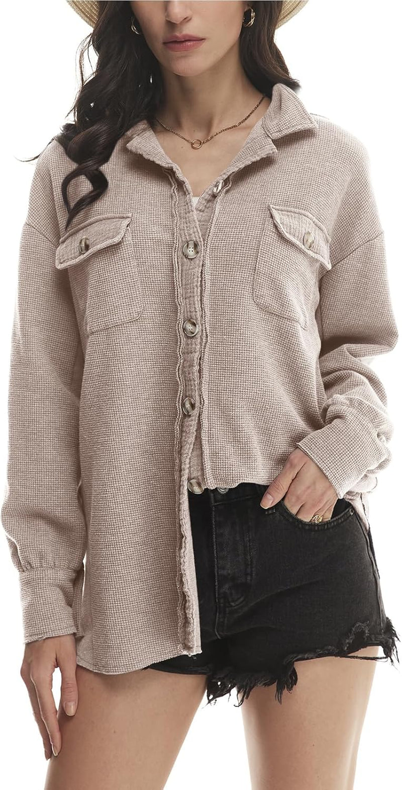 Shackets for Women 2025 Waffle Knit Tops Long Sleeve Button down Shirt Fall Jackets Outfits Corduroy Jacket