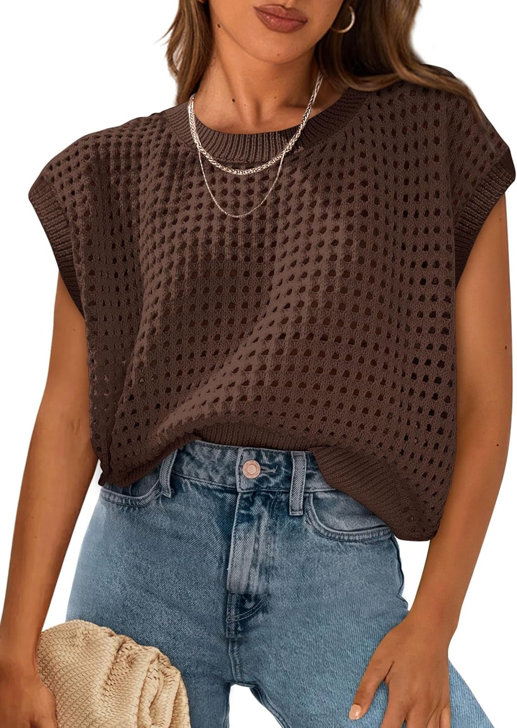 Womens Spring Tops 2026 Summer Shirts Crochet Cap Sleeve Sweater Pullover Cute Beach Vacation Clothes